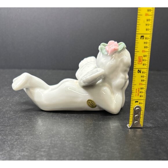 Vintage Laying Angel Figurine with Floral Wreath Ceramic White - Picture 8 of 8